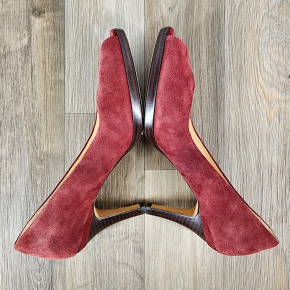 Cole‎ Haan 8.5B Burgundy Suede Open Toe Heels Leather Stacked Heeled Pumps - Picture 6 of 11